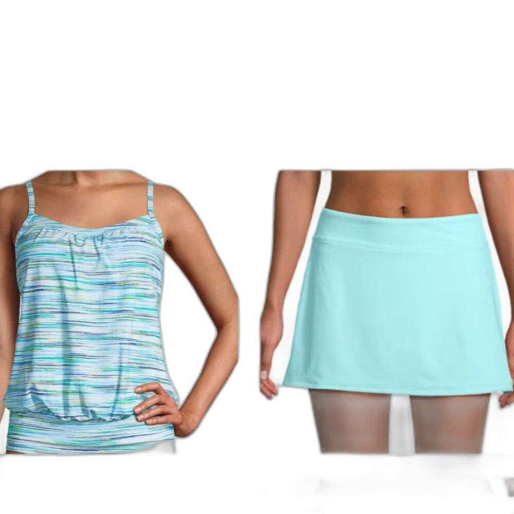 LANDS' END SWIMSUIT 6 DDD BLOUSON TANKINI Paradise Aqua Space Dye & swim skirt 4